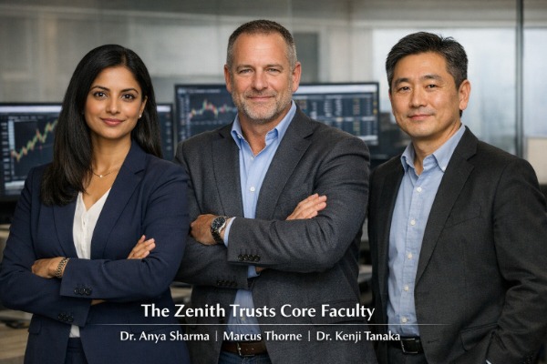 The Core Faculty of Zenith Trusts Education: Dr. Anya Sharma, Marcus Thorne, and Dr. Kenji Tanaka